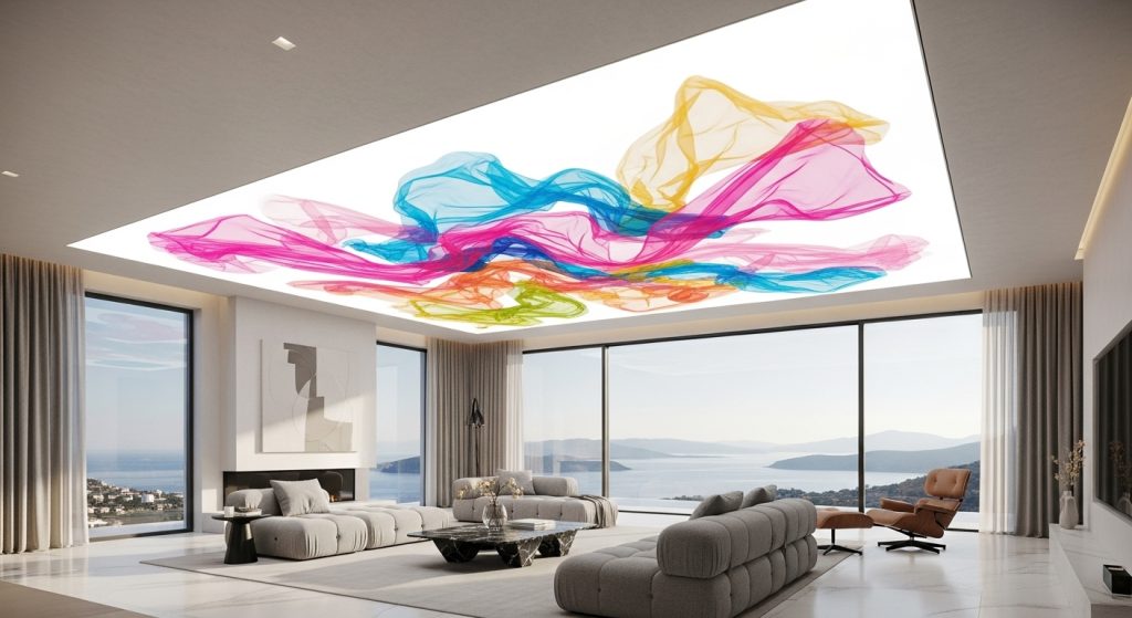 bodrum baskılı gergi tavan uygulama tavanda renkli kumaşlar