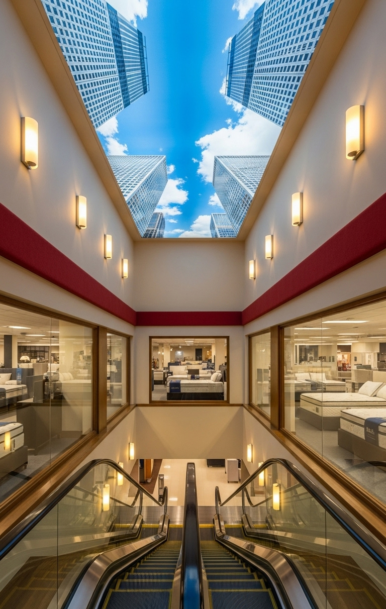 yürüyen merdivenlerin üzerinde baskılı gergi tavan şehir görseli